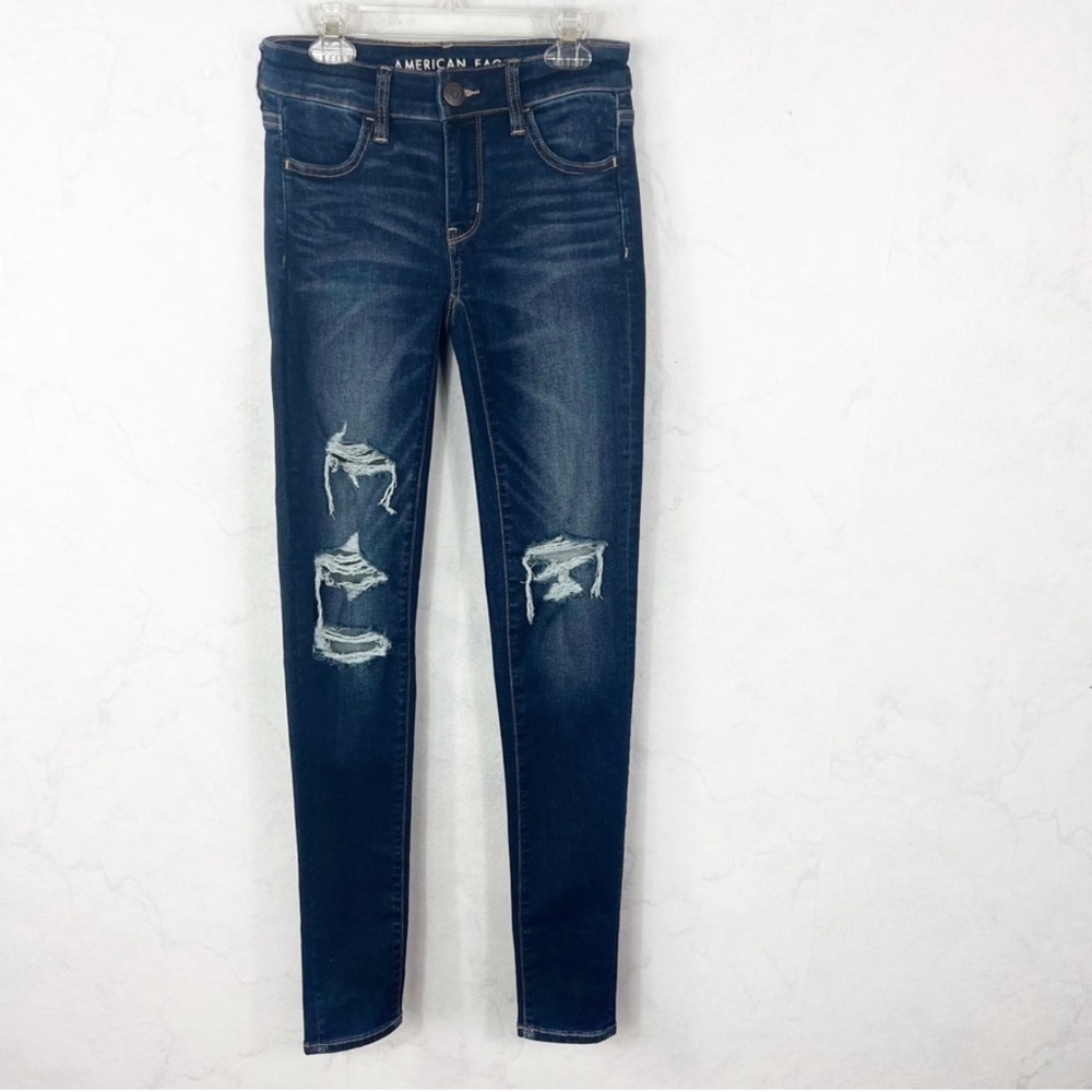 American Eagle Outfitters Women's Dark Blue Ripped Skinny Jeans